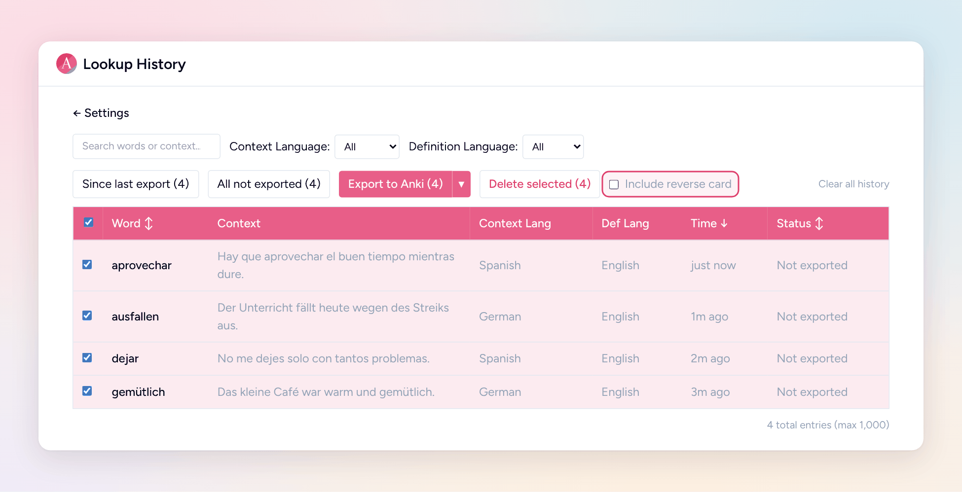 Lookup History page with four words selected and the Include reverse card checkbox unticked