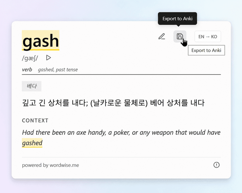 Anki Dictionary popup showing definition for 'gash' with Korean translation and Export to Anki button