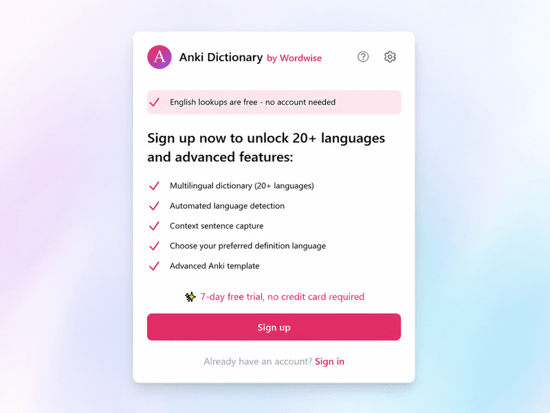 Extension popup before login, showing Sign Up and Sign In buttons