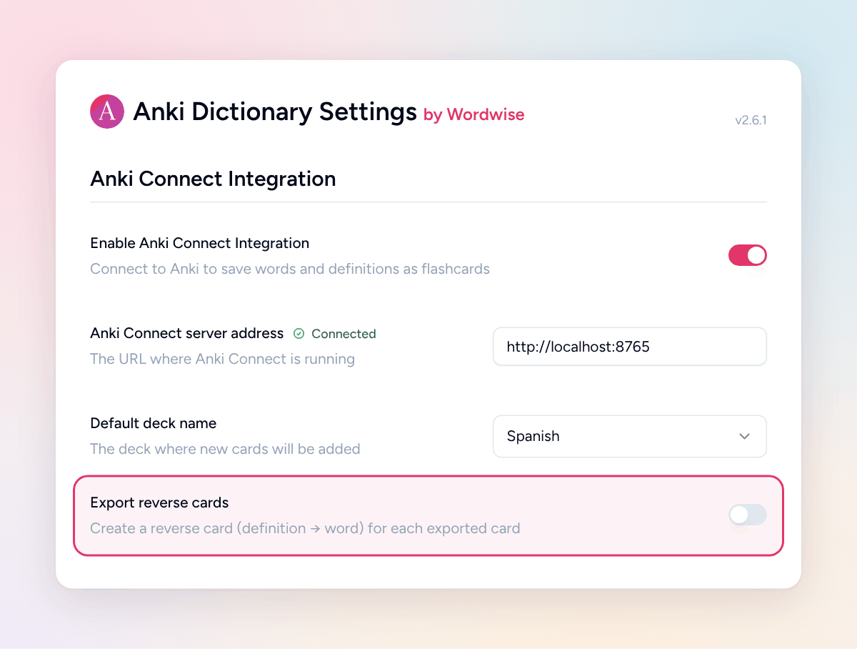 Anki Dictionary settings with Export reverse cards switched off under Anki Connect Integration